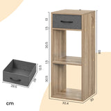 BukkitBow compacte boekenkast met drie niveaus en stoffen lade, wit houtlook, geschikt voor woonkamer of slaapkamer.