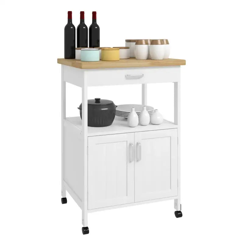 BukkitBow compacte keukentrolley met rubberhouten werkblad en opbergvakken, 60x90x44.5cm, functionele boekenkast in houtstijl