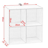 BukkitBow compacte kubus boekenkast met 4 vakken, ruimte-efficiënt en multifunctioneel, afmetingen 60x29,5x60cm.