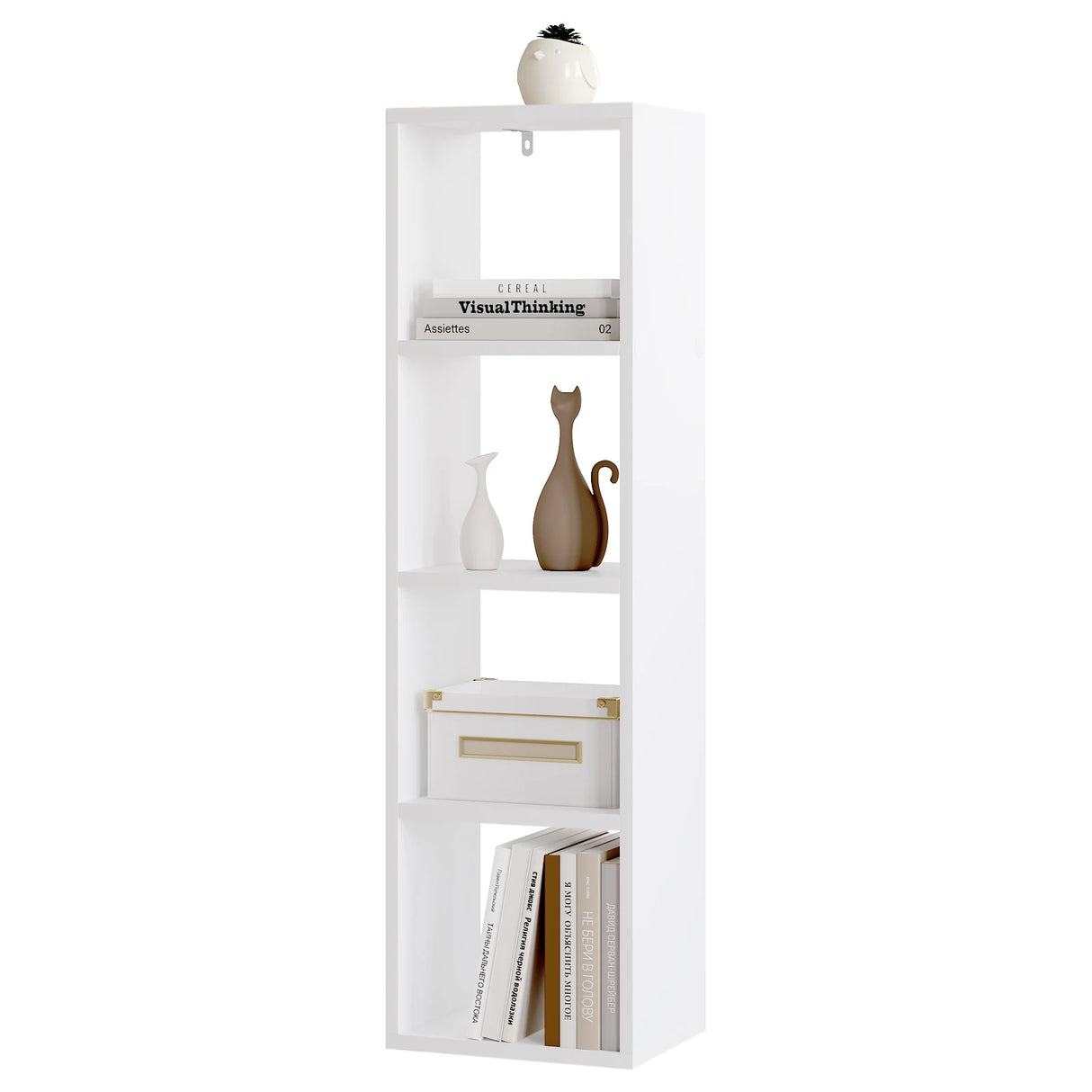 Compacte BukkitBow kubus boekenkast met 4 vakken, verticaal en horizontaal, van natuurlijke houtafwerking, geschikt voor boeken en decoraties.