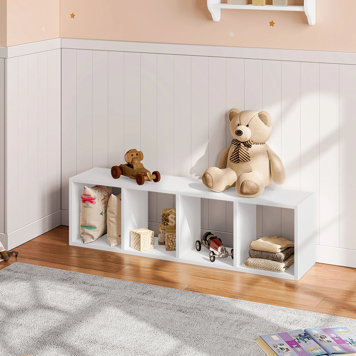 BukkitBow compacte kubus boekenkast met 4 vakken, verticaal en horizontaal, van hout, geschikt voor boeken en decoratie.