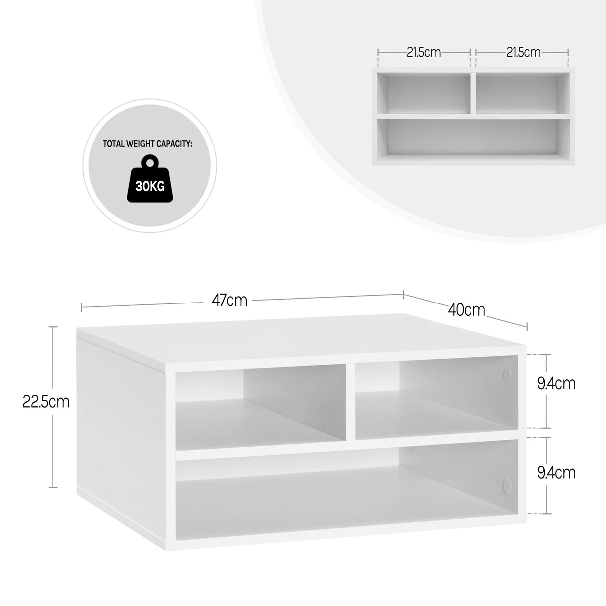 BukkitBow compacte printerverhoger met 3 opbergvakken, modern design, geschikt als printerstandaard in kantoor of thuis.