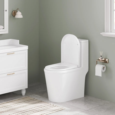 BukkitBow D-vorm toiletbril van kunststof met soft-close en quick-release, bevestigt op toiletpot in badkamer.