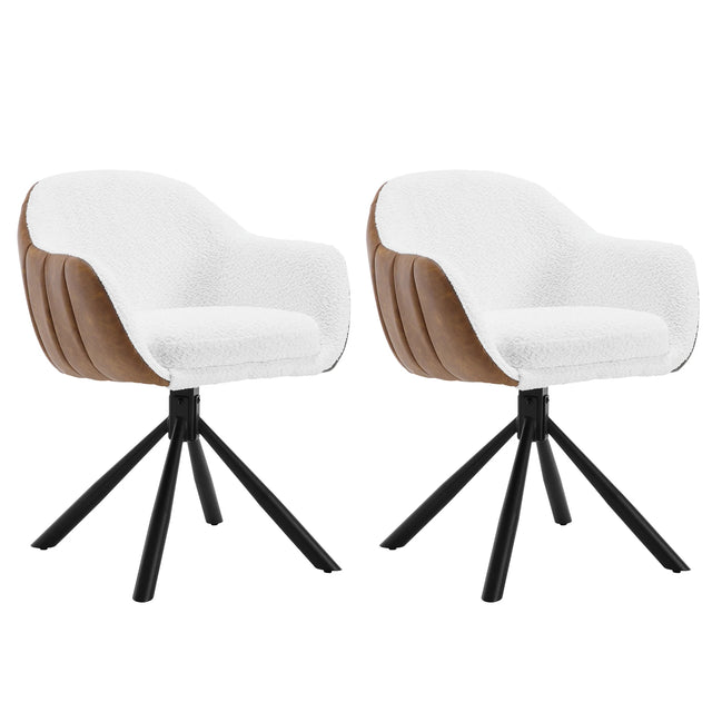 Twee draaibare BukkitBow eetkamerstoelen met armleuningen, modern design, comfortabele zitting en soepel draaiende basis.
