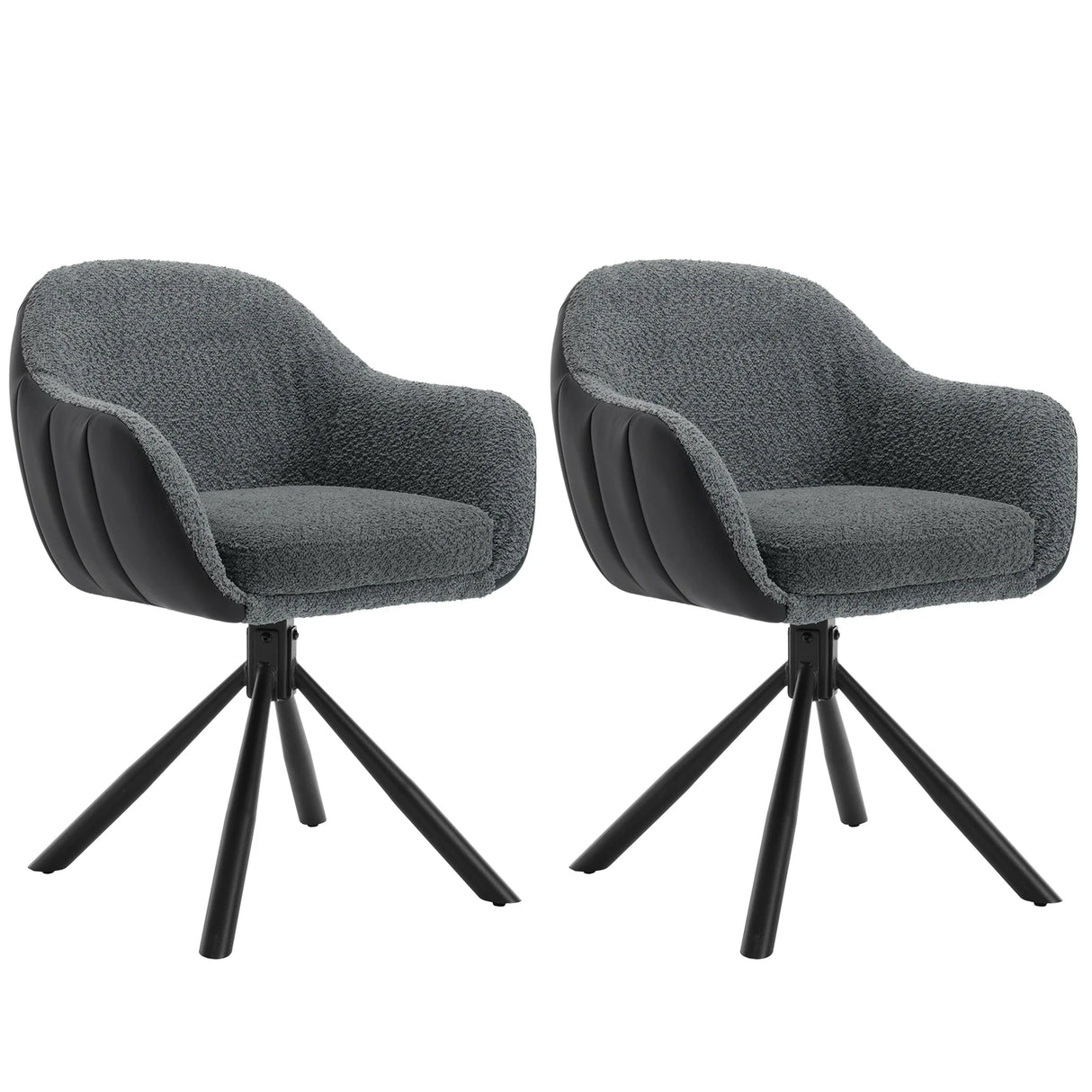 BukkitBow draaibare eetkamerstoel met armleuningen, set van 2, modern design, zachte bekleding en houten poten.