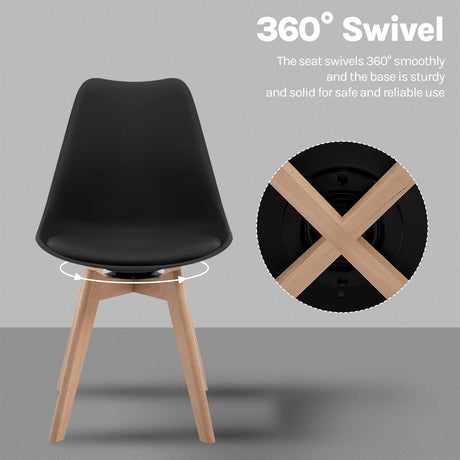 Set van 4 BukkitBow draaibare eetkamerstoelen van massief hout met zachte zittingen en moderne uitstraling.