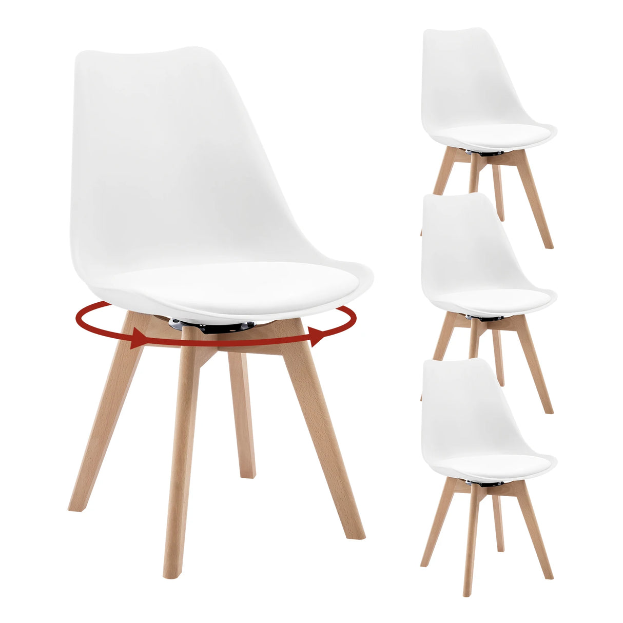 Set van 4 BukkitBow draaibare eetkamerstoelen van massief hout met moderne uitstraling en comfortabele zitting.