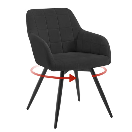 Draaibare velvet eetkamerstoel van BukkitBow met armleuning en metalen onderstel, comfortabel en stijlvol voor de eetkamer.