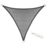 BukkitBow driehoekig schaduwdoek van 180g/m² HDPE met UV-bescherming 50+, RVS gespen en bevestigingskoorden, water- en luchtdoorlatend.