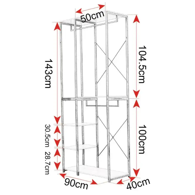 BukkitBow dubbel kledingrek met wit staal, eikenhouten details, 3 kledinghangers en 3 planken, afmetingen 90x40x204,5 cm