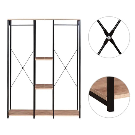 BukkitBow dubbele kledingrek met hangers, twee planken en schoenenopbergruimte, afmetingen 40x120x167 cm, modern en functioneel.