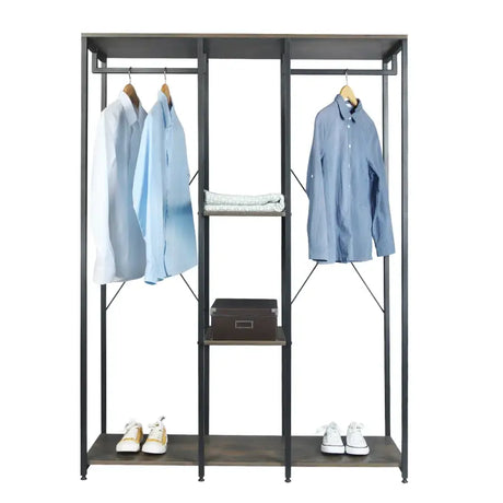 BukkitBow dubbele kledingrek met hangers, twee planken en schoenenopbergruimte, afmetingen 40x120x167 cm, modern en functioneel.