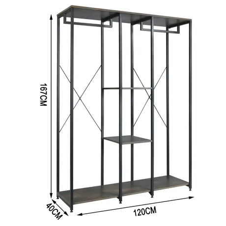 BukkitBow dubbele kledingrek met hangers, twee planken en schoenopbergruimte, afmetingen 40x120x167 cm, modern en functioneel.