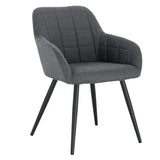 BukkitBow eetkamerstoel met leren, stoffen en linnen bekleding, ergonomisch en stevig, zithoogte 47cm in een moderne eetkamer setting.
