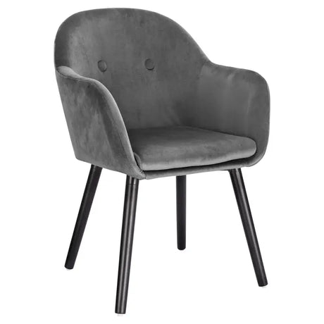 BukkitBow eetkamerstoel van linnen of fluweel met massief houten poten, ergonomisch en veelzijdig, zithoogte 45 cm.