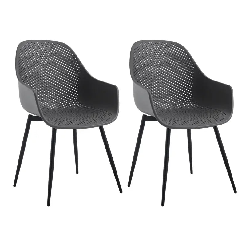 Set van 2 moderne BukkitBow eetkamerstoelen met holle rug en metalen poten, geschikt voor keuken en eetkamer.