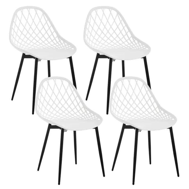 Set van 4 BukkitBow eetkamerstoelen met holle rugleuning, Scandinavisch design en metalen poten, geschikt voor keuken en eetkamer.