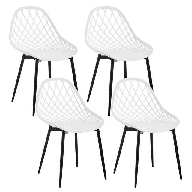 Set van 4 BukkitBow eetkamerstoelen met holle rugleuning, Scandinavisch design en metalen poten, geschikt voor keuken en eetkamer.