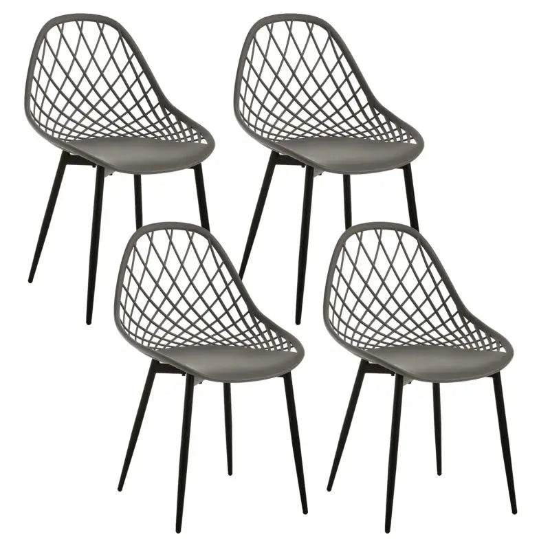 Set van 4 BukkitBow eetkamerstoelen met holle rugleuning, Scandinavisch design en metalen poten, geschikt voor keuken en eetkamer.