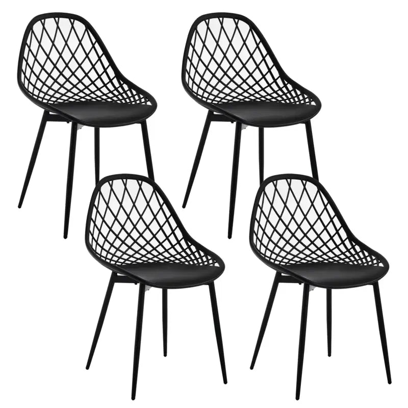 Set van 4 BukkitBow eetkamerstoelen met holle rugleuning, Scandinavisch design en metalen poten voor de keuken of eethoek.