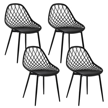 Set van 4 BukkitBow eetkamerstoelen met holle rugleuning, Scandinavisch design en metalen poten, geschikt voor keuken en eetkamer.
