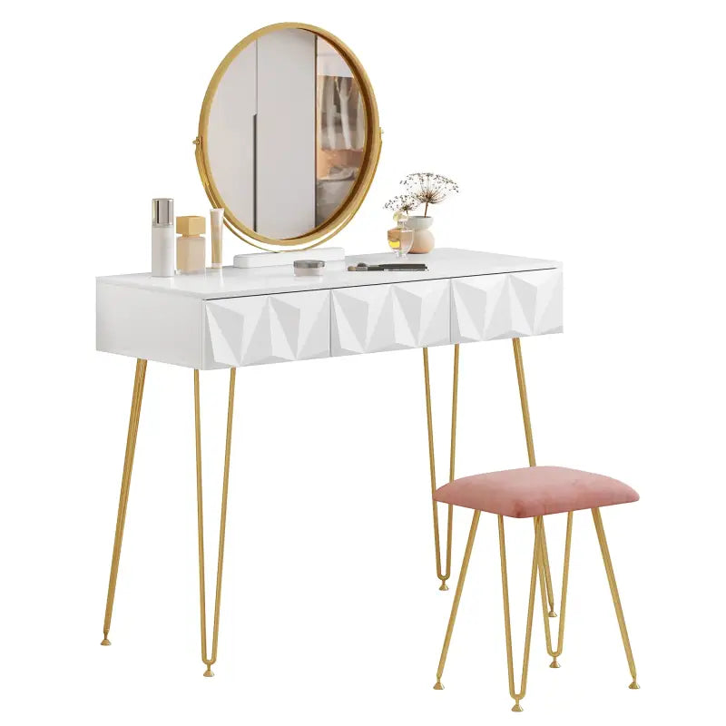 BukkitBow elegante kaptafel set met metalen frame, MDF hout, glas, draaibare spiegel en kruk, afmetingen 100x40x79cm