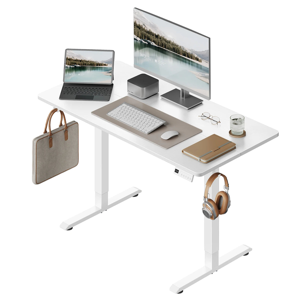Elektrisch verstelbaar bureau van BukkitBow met 3 geheugenstanden en zit-sta functionaliteit, zichtbaar in de afbeelding.
