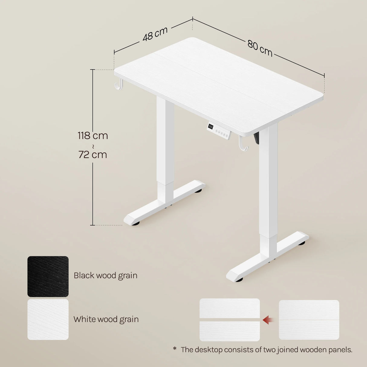 Elektrisch verstelbaar BukkitBow bureau met drie geheugenstanden, zit-sta werkplek, modern design en verstelbare hoogte.