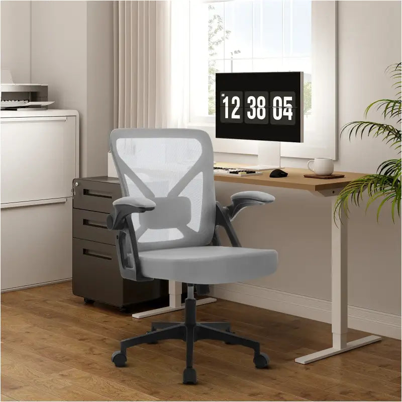 BukkitBow ergonomische bureaustoel met ademende rugleuning en wegklapbare armleuningen, hoogte verstelbaar van 46,5 tot 56 cm.