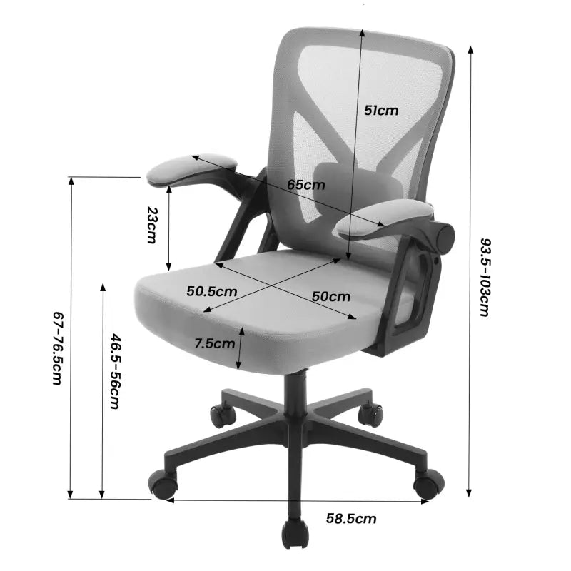 BukkitBow ergonomische bureaustoel met ademende rugleuning, wegklapbare armleuningen en hoogteverstelling van 46,5-56 cm.