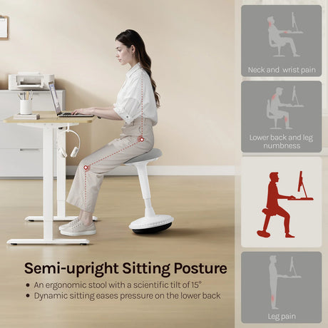 Ergonomische BukkitBow bureaustoel en kruk met stoffen bekleding, in hoogte verstelbaar voor optimaal comfort.
