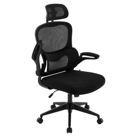 BukkitBow ergonomische bureaustoel met verstelbare hoofdsteun en lendensteun, stevig materiaal, zwart, voor comfortabel zitplezier.