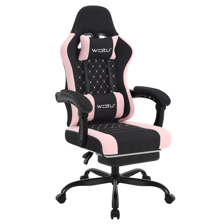 BukkitBow ergonomische gamestoel met massagefunctie, mesh-stof, verstelbare voetensteun en rugleuning voor comfortabel gamen.