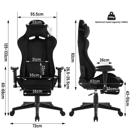 BukkitBow ergonomische gamestoel in velvet of leer met rugkussen en benenondersteuning, hoogte 43-51 cm, voor comfortabel gamen.