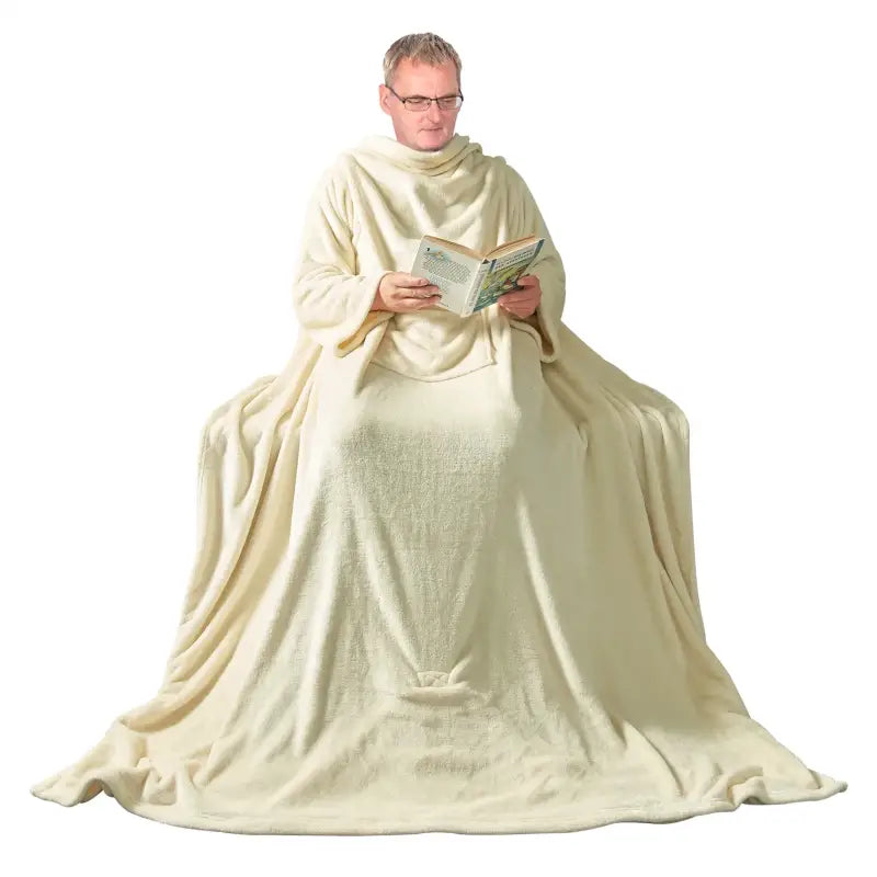 BukkitBow flanellen fleece deken met mouwen, zak en lichtgewicht ontwerp, in verschillende maten en kleuren, wasbaar en comfortabel.