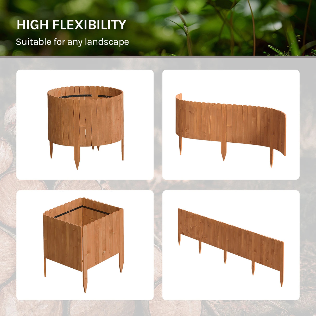 Flexibele houten gazonrand van BukkitBow, 20-60 cm breed, voor tuinborders en tuinafscheiding, 2 meter lang in beeld.