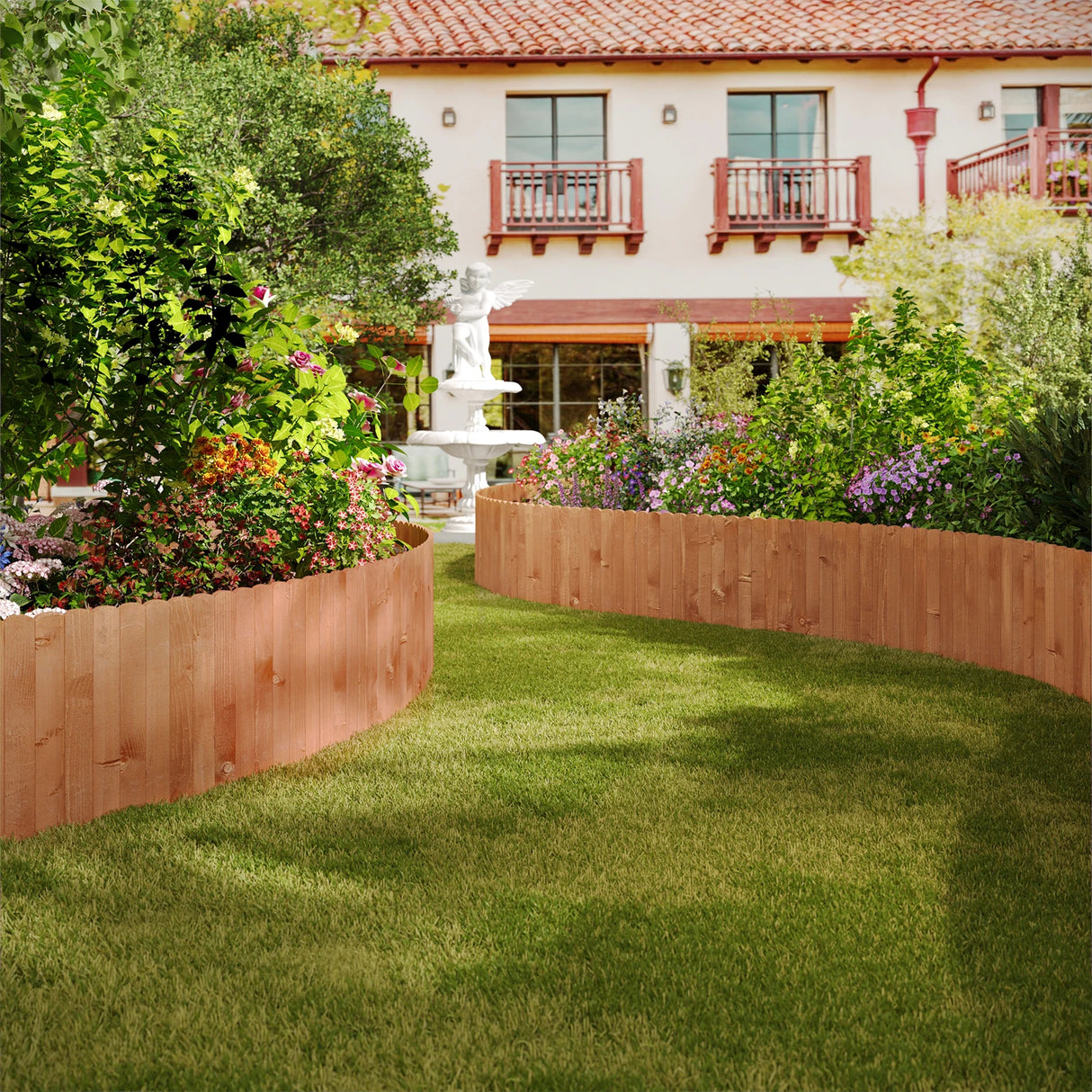 Flexibele BukkitBow gazonrand van hout, 20-60 cm breed, voor tuinafscheiding, inclusief borderrol en 2 meter lengte.