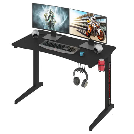 BukkitBow ergonomisch gaming bureau met bekerhouder en koptelefoonhaak, afmeting 115x60cm, zwart en modern design