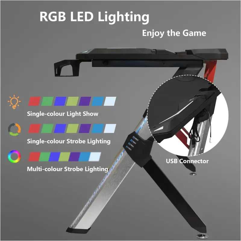 BukkitBow gaming bureau met bekerhouder en headsetstand, RGB-verlichting, zwart, afmetingen 116,5x56,5x73 cm, voor gamelaptop en accessoires