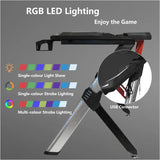 BukkitBow gaming bureau met bekerhouder en headsetstand, RGB-verlichting, zwart, afmetingen 116,5x56,5x73 cm, voor gamelaptop en accessoires