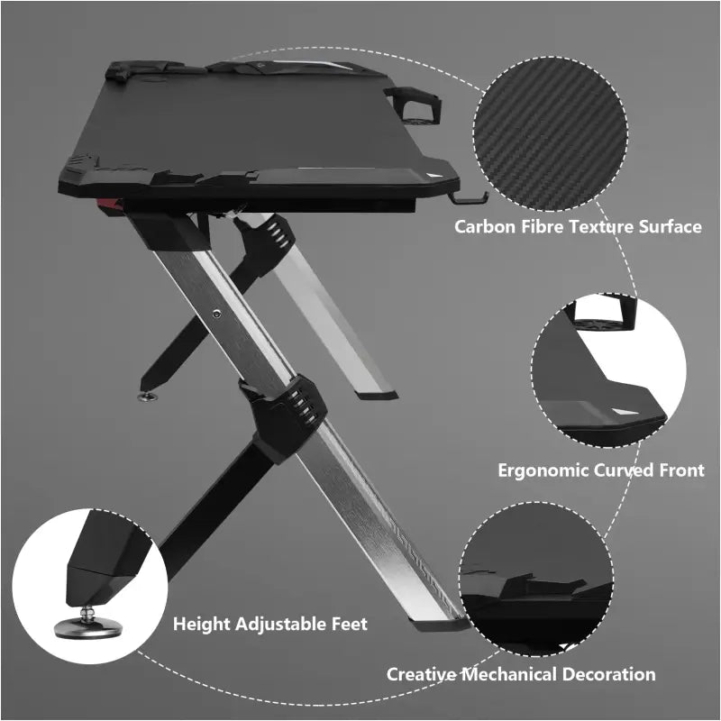 BukkitBow gaming bureau met bekerhouder, headsetstand en RGB-verlichting, afmetingen 116,5x56,5x73 cm, zwart en modern design