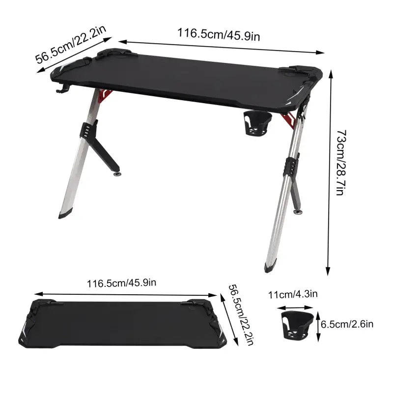 BukkitBow gaming bureau met bekerhouder, headsetstand en RGB-verlichting, afmetingen 116,5x56,5x73 cm, zwart en modern design