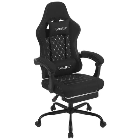 BukkitBow gaming stoel met massagekussen, voetsteun, verstelbare rugleuning, hoogte, metalen frame en technologische stof.