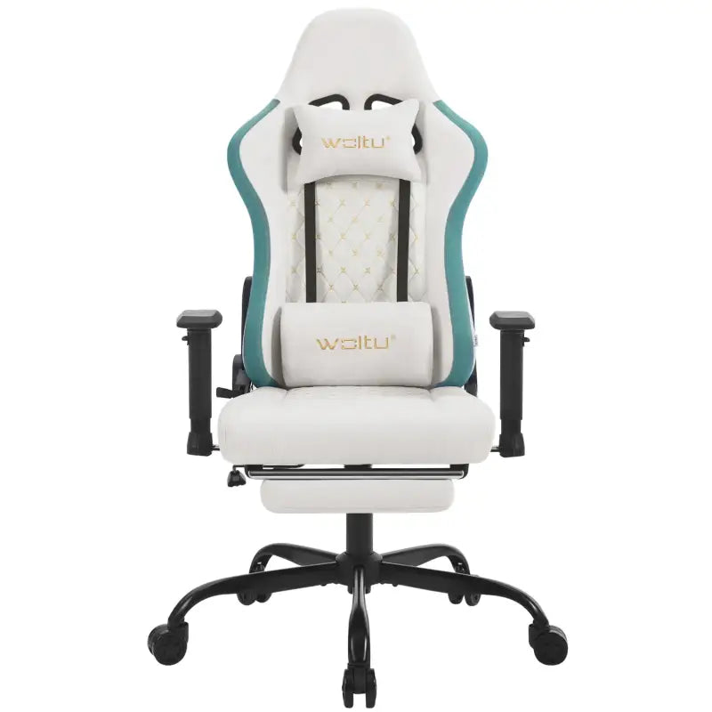 BukkitBow gamestoel met massagekussen, metalen frame, technische stof, PU-wielen, 90°-155° kantelbaar, verstelbare hoogte en diepte