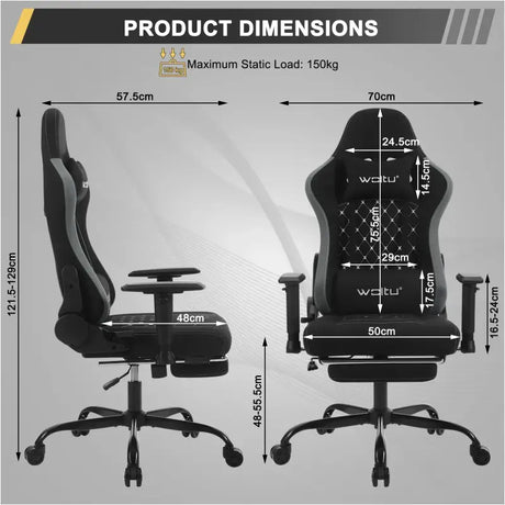BukkitBow gaming stoel met massagekussen, verstelbaar in hoogte en diepte, 90°-155° kantelbaar, metalen frame, technische stof en PU-wielen