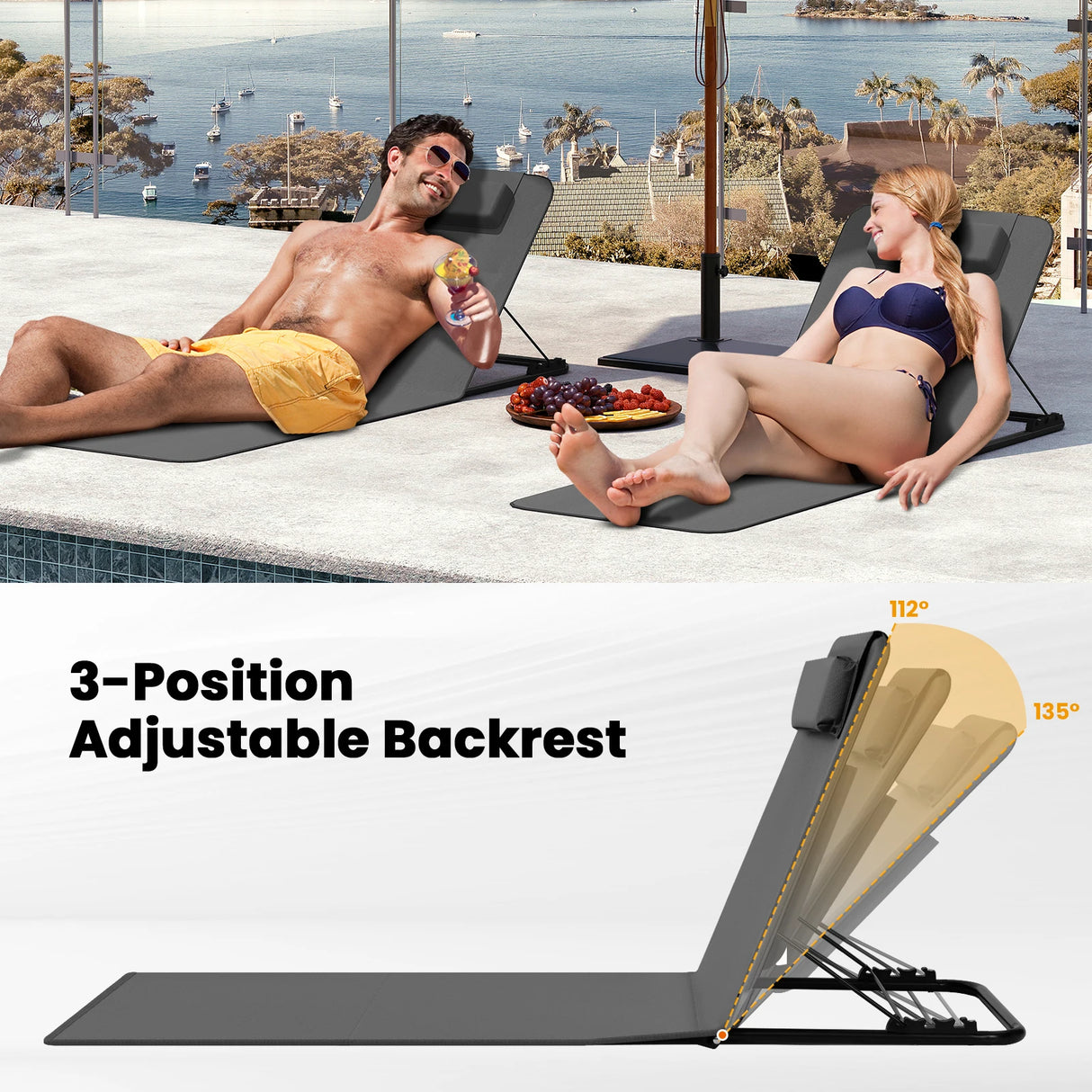 BukkitBow gevoerde strandmat met verstelbare rugleuning en hoofdkussen, perfect voor comfortabel loungen op het strand