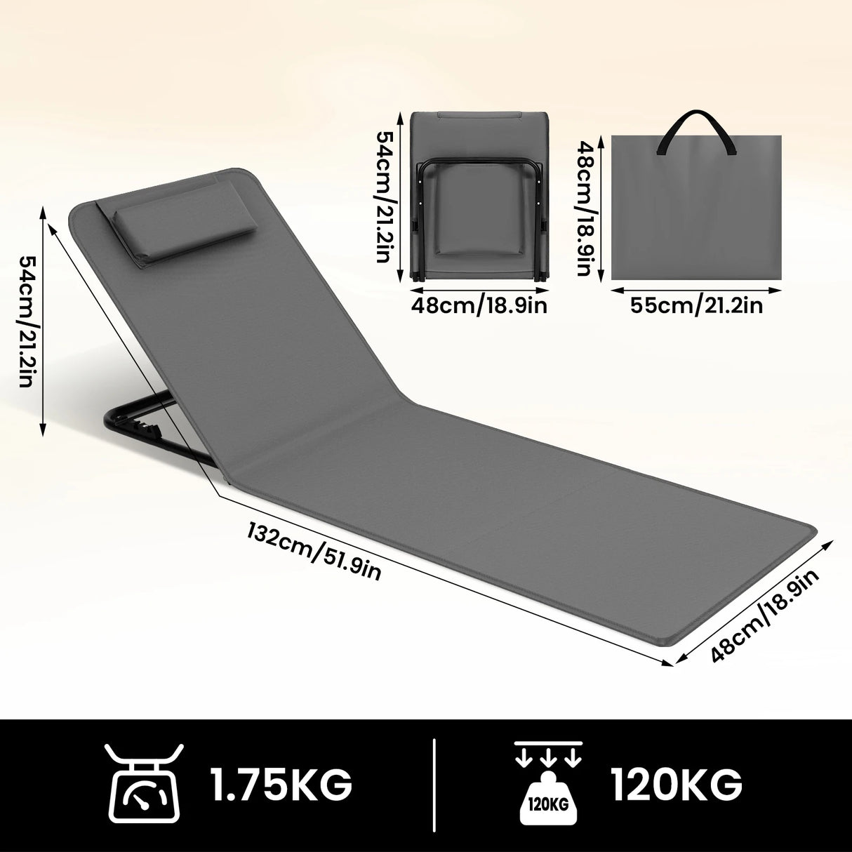 Gevulde BukkitBow strandmat met verstelbare rugleuning en hoofdkussen, geschikt voor comfortabel strandgebruik.