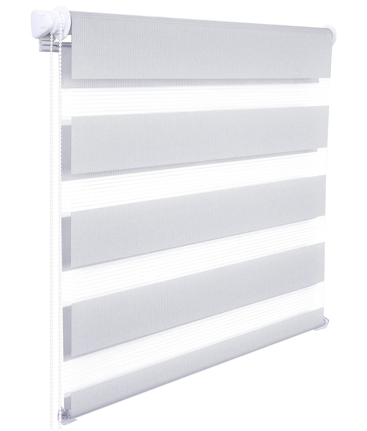 Grijs duo-rolgordijn van BukkitBow met zebra-stijl, zonder boren, geschikt voor moderne raamdecoratie.