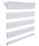 Grijs duo-rolgordijn van BukkitBow met zebra-stijl, zonder boren, geschikt voor moderne raamdecoratie.
