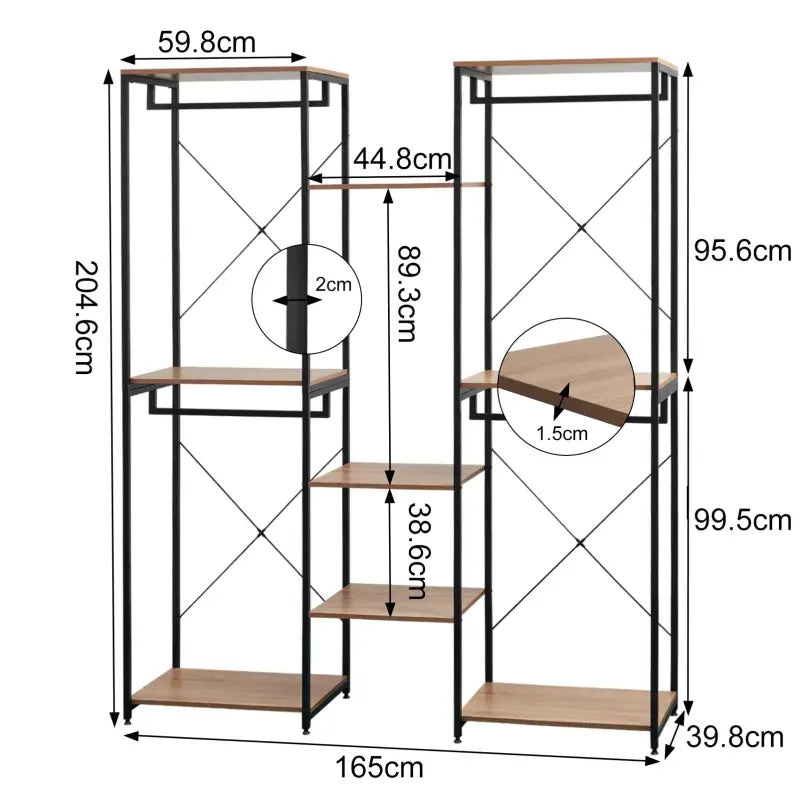 BukkitBow kledingrek met dubbele planken, kledinghaken en licht eiken details, zwart metalen frame, 165x205x40cm.